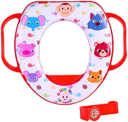 CoComelon red potty training seat hanging on a toilet tank with the bonus storage hook