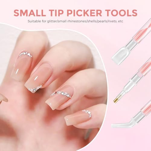 Hand holding Eudaicful pink acrylic rhinestone picker tool for nail art