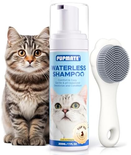 No-rinse cat foaming dry shampoo bottle showing the rose scent label detail.