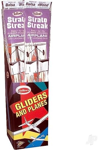 Guillows Strato Streak model airplane unboxed snap fit balsa wood parts printed wings and plastic propeller components.
