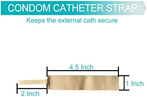 Male external condom catheter stabilizing strap in use.
