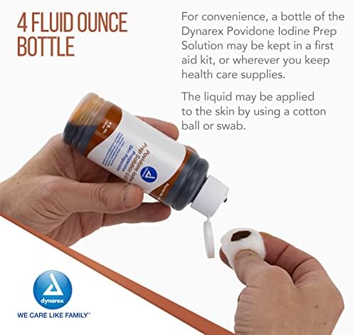 Dynarex Povidone Iodine bottle next to a sterile medical gauze