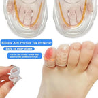 Soft stretchable little toe protectors being applied to a foot.