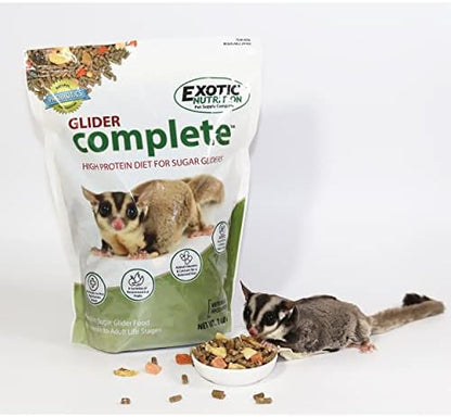 Back label of Exotic Nutrition Glider Complete showing ingredients and feeding instructions