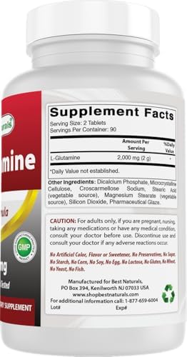 Best Naturals L-Glutamine tablets bottle back label ingredient list