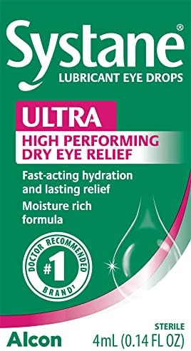 Systane Ultra high performance artificial tears packaging showing ingredients and usage.