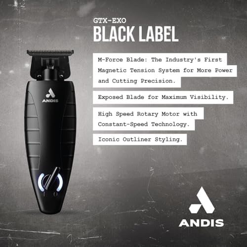 Andis special edition black label trimmer resting on its premium stainless steel charging stand