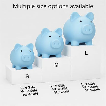 Sbrvaniy blue money bank top angle view displaying the wide coin slot for easy money deposition.