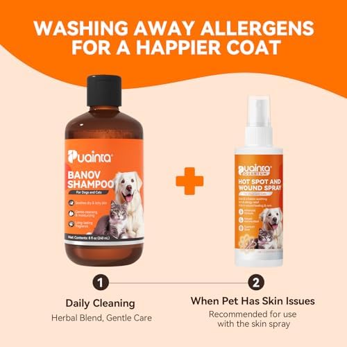 PUAINTA cat and dog soothing shampoo for hot spots and skin allergy relief.