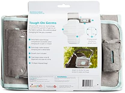 Packaging view of the authentic USA-imported Munchkin portable changing pad showing product details and silver-ion logo.