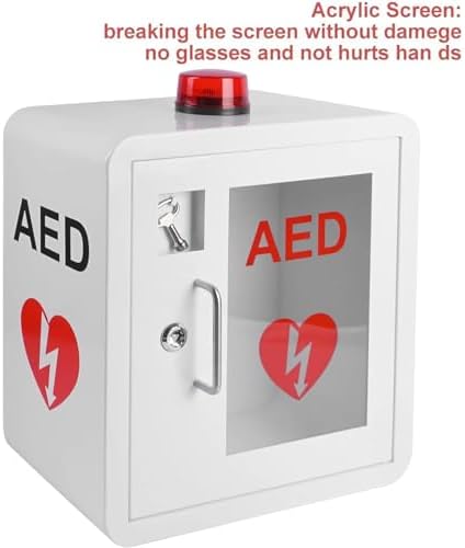 AED cabinet door open showing the 120 decibel alarm system and stainless steel handle.