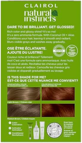 Ammonia free Clairol 6R Light Auburn hair color box showing coconut oil and aloe vera ingredients