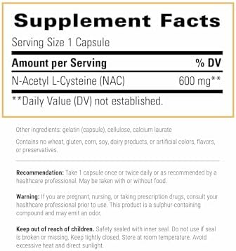 Integrative Therapeutics NAC back label supplement facts and ingredients