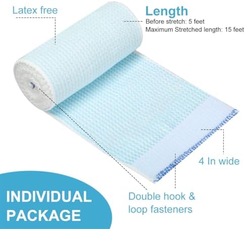 Close up of 4 inch stretchable compression bandage with hook and loop fastener.
