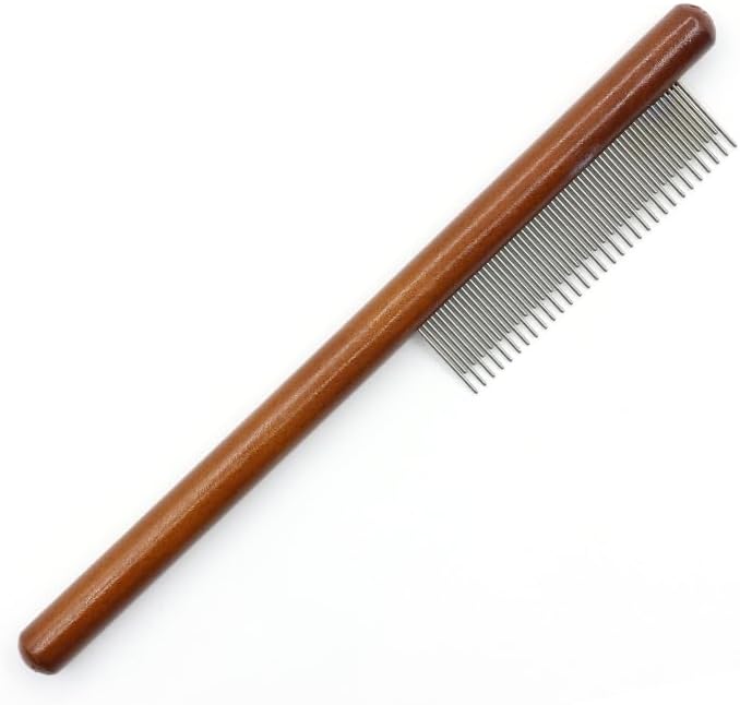 PrimePets wooden handle stainless steel flea comb front view