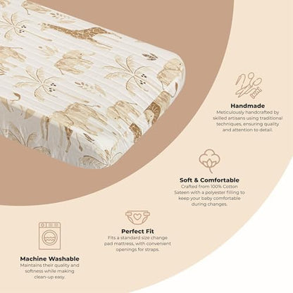 Crane Baby Kendi collection quilted changing pad cover showing the close up texture of the 100 percent cotton sateen fabric.
