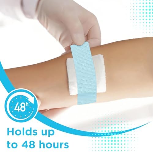 Demonstration of the painless removal process of the hypoallergenic blue skin tape.