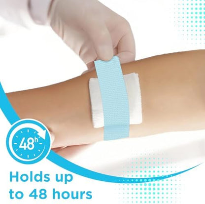 Demonstration of the painless removal process of the hypoallergenic blue skin tape.