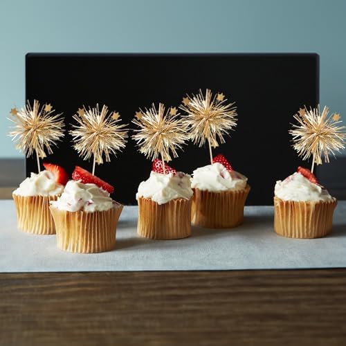 Packaging view of Gyufise 30pcs foil firework cupcake toppers