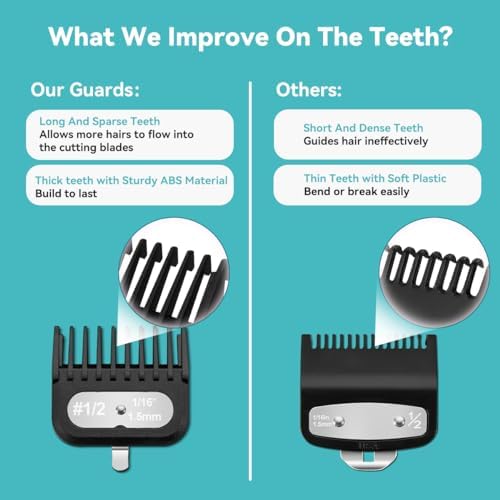 Black hair clipper attachment set showing the 1/16 inch to 1 inch size markings clearly.