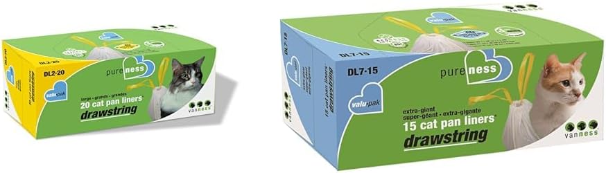 Van Ness large cat pan liners showing 3-ply tear resistant material and drawstring