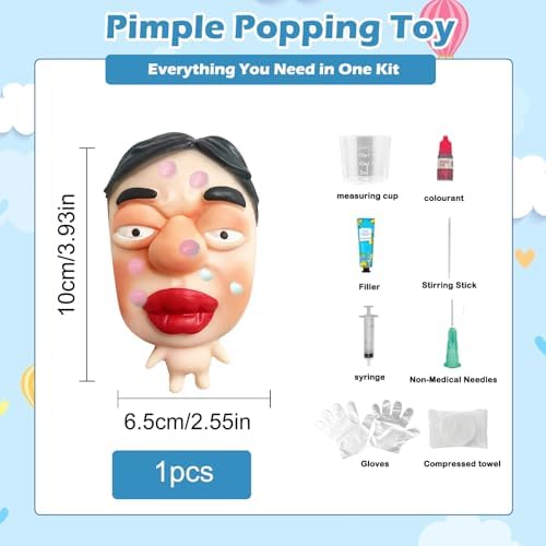 Squeezing and popping realistic pimples on the non toxic thermoplastic rubber face.