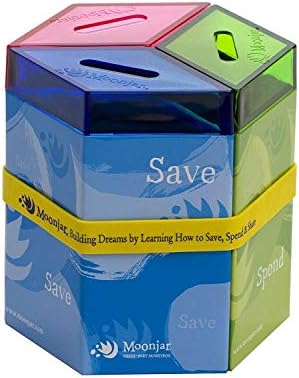 Close up view of the Moonjar three sectioned diamond shaped canisters for children financial literacy.
