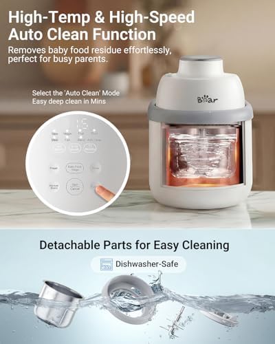 Bear baby food maker undergoing its automated self cleaning cycle with water splashing inside the stainless steel bowl