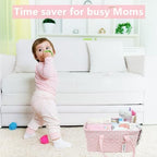 QiANBiRD pink polka dot diaper caddy filled with newborn essentials