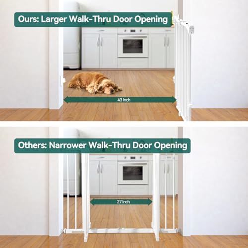 Close-up of the one-handed operation handle mechanism on the white Babelio pet gate.