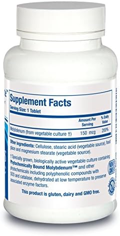 Biotics Research MoZyme Forte supplement facts label showing 150 mcg molybdenum content
