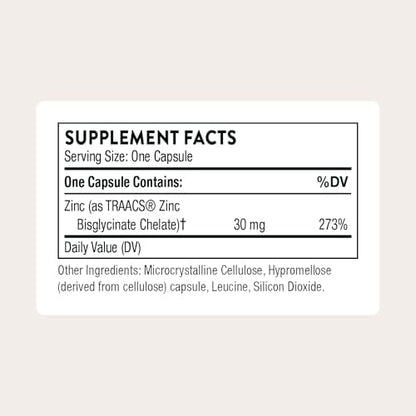 Thorne Zinc Bisglycinate 60 capsules supplement facts panel displaying ingredients and TRAACS chelate form