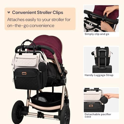 BabbleRoo apricot and black diaper bag rear view highlighting ergonomic padded shoulder straps
