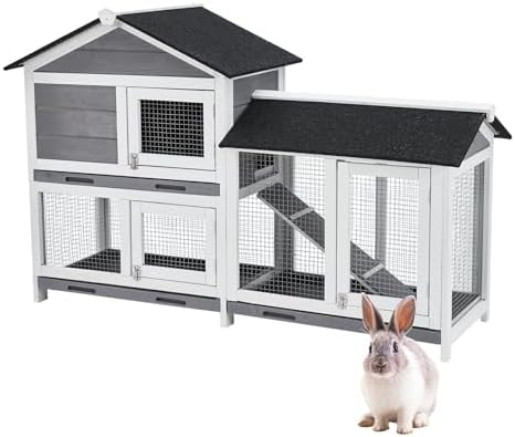 Garvee 63 in Bunny Hutch Indoor Bunny Cage, with 3 Leak-Proof Removable Trays, Wooden Waterproof Roof Rabbit Hutch Indoor/Outdoor, 2-Tier Bunny House/Chicken Coop, Gray and Black - Image 3