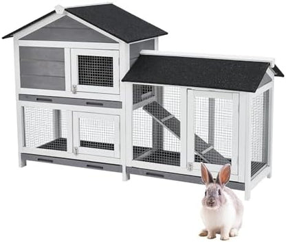Garvee 63 in Bunny Hutch Indoor Bunny Cage, with 3 Leak-Proof Removable Trays, Wooden Waterproof Roof Rabbit Hutch Indoor/Outdoor, 2-Tier Bunny House/Chicken Coop, Gray and Black - Image 3