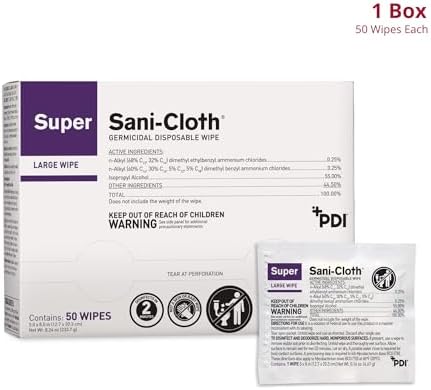 Box of 50 individually wrapped PDI Super Sani-Cloth purple top wipes.
