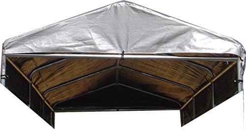 Lucky Dog heavy duty waterproof polyethylene canopy close up highlighting the reinforced tie down grommets and elastic bungee cords.