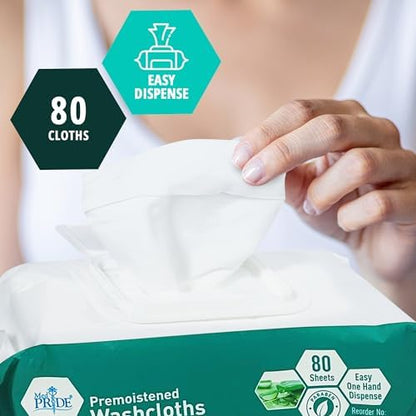 Med Pride incontinence premoistened washcloths with aloe vera and lanolin formula callouts.