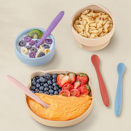 Baby using Drkio silicone spoon for independent feeding