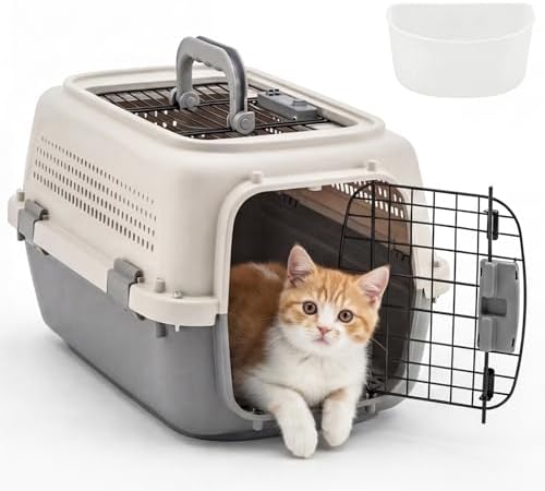 DUMOS 23" Hard-Sided Pet Carrier for Small Dogs & Cats, Airline Approved Travel Crate with Enhanced Security Latches, Front & Top Load Wire Door, Food Bowl for Traveling, Hiking, Camping - Beige&Grey - Image 2