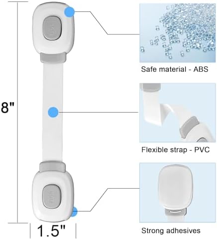 Fursafe&Q child safety strap locks installed on a white kitchen cupboard door