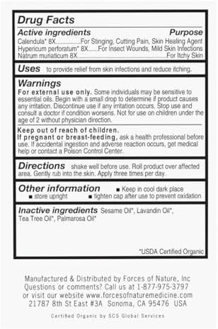 Side profile of Forces of Nature extra strength anti itch remedy highlighting active homeopathic ingredients like Calendula.