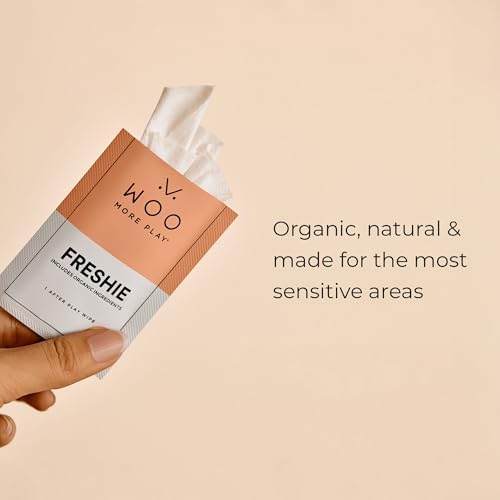 Individually wrapped Woo More Play Freshies intimate wipes for on-the-go freshness.