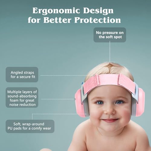 Baby wearing noise cancelling earmuffs in a travel setting