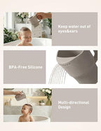 Water pouring from the contoured rim of the Roslim silicone baby bath rinser.
