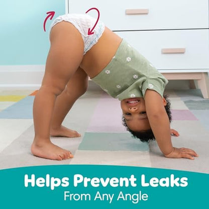 Side view highlighting the dual leak guard barriers around the leg cuffs of the diaper