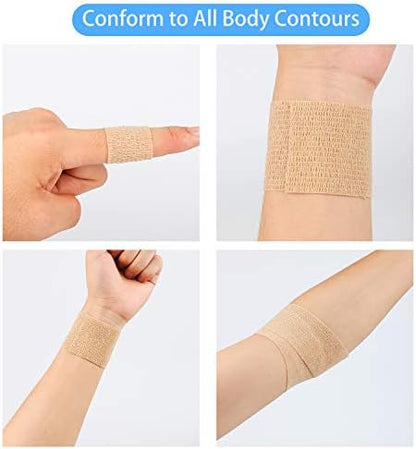 Mooerca skin colour athletic tape applied securely around a wrist joint for flexible compression and swelling relief