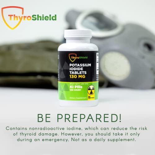 ThyroShield radiation defense iodine pills showing table of adult emergency dosage instructions.