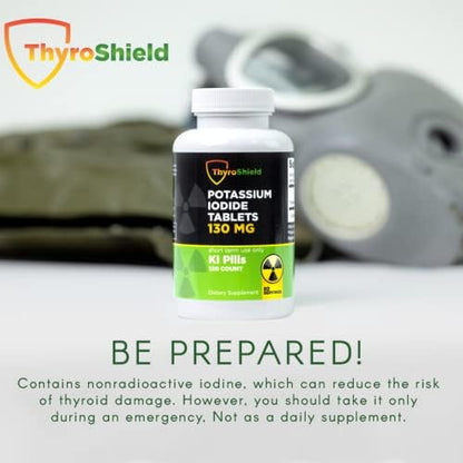 ThyroShield radiation defense iodine pills showing table of adult emergency dosage instructions.