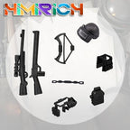 Close-up showing historical WW2 gun accessories attached to classic building block hands.